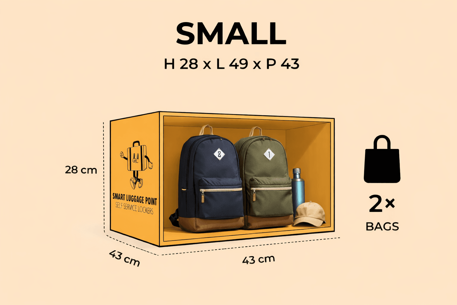 Small luggage storage locker - fits 2 small bags