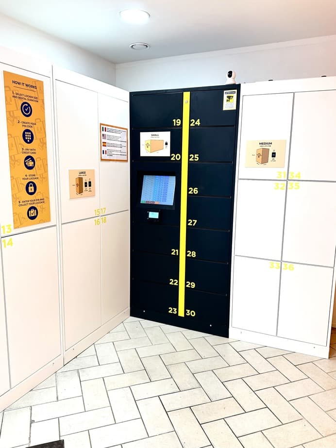 Self-service locker terminal with touch screen and PIN system